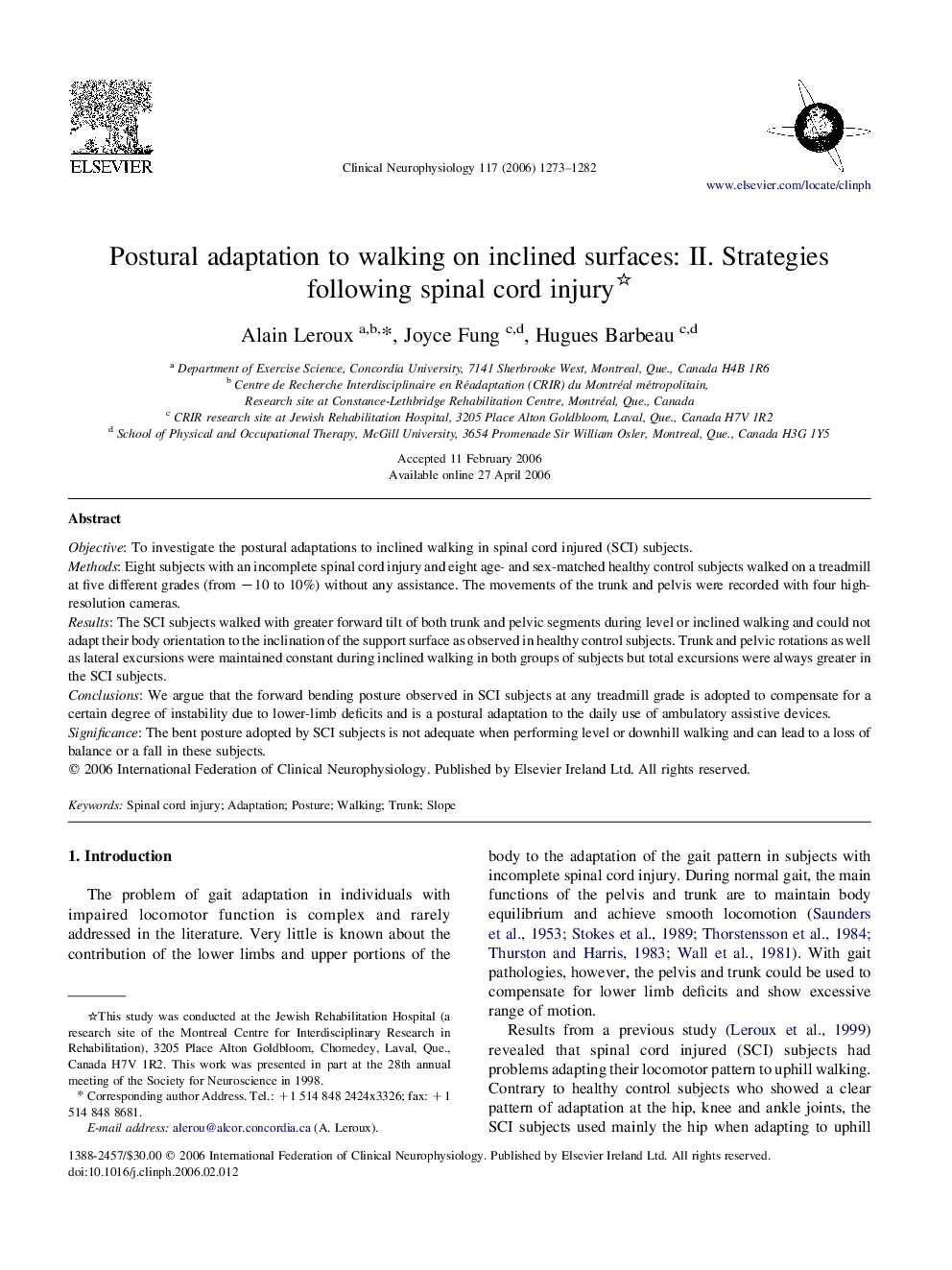 Postural adaptation to walking on inclined surfaces: II. Strategies following spinal cord injury 