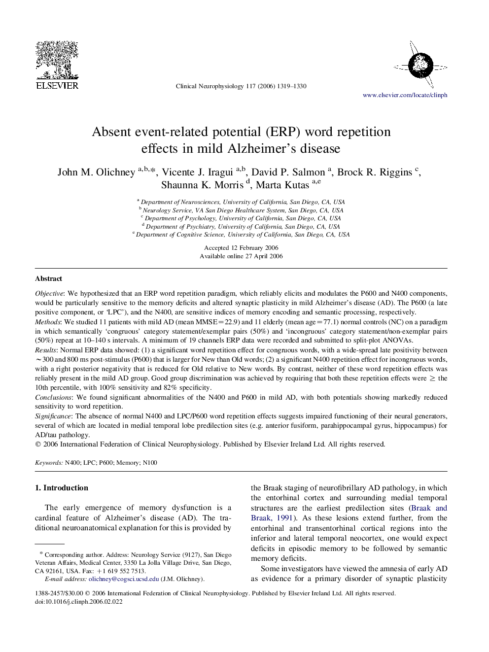 Absent event-related potential (ERP) word repetition effects in mild Alzheimer's disease