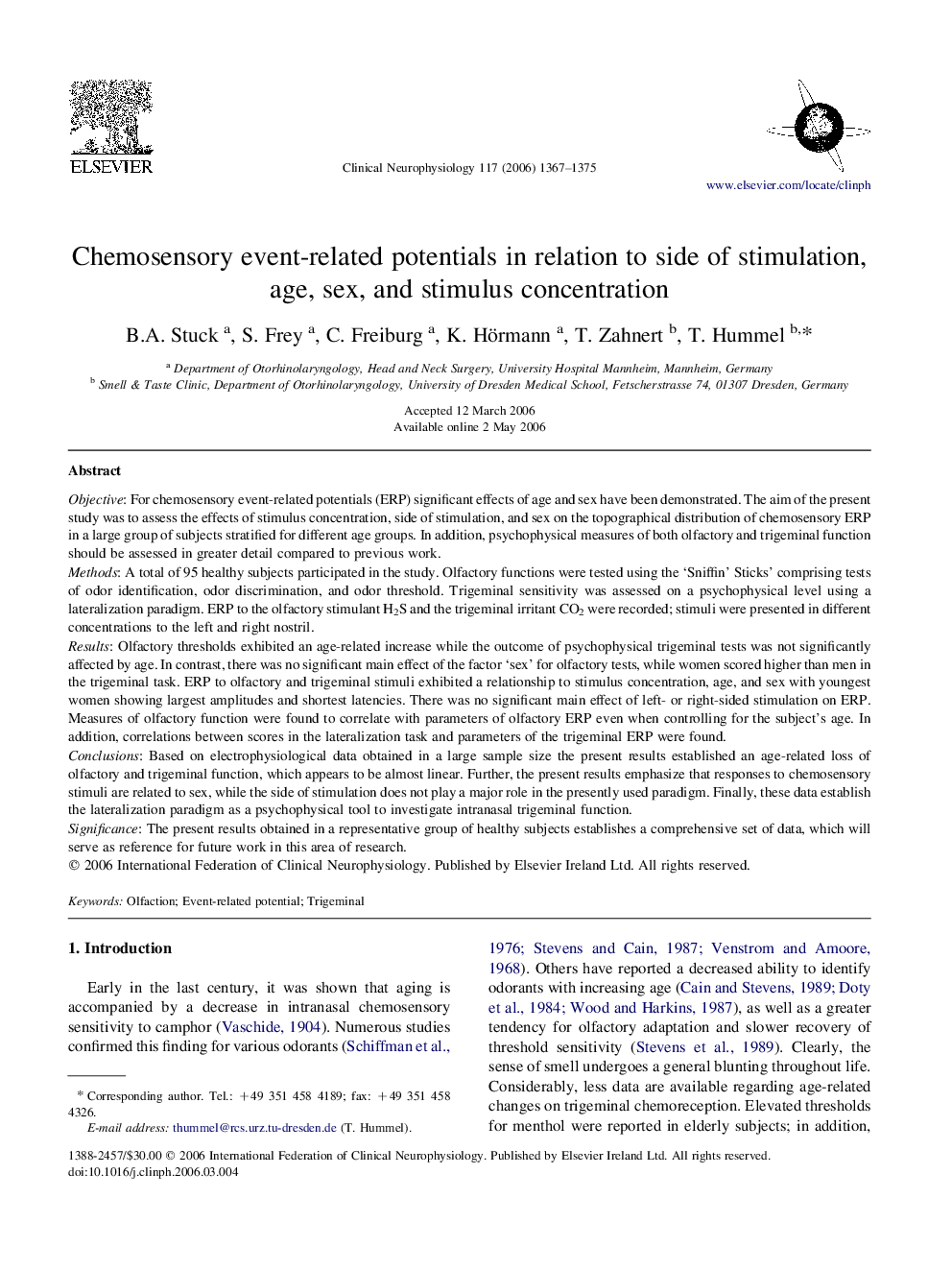 Chemosensory event-related potentials in relation to side of stimulation, age, sex, and stimulus concentration