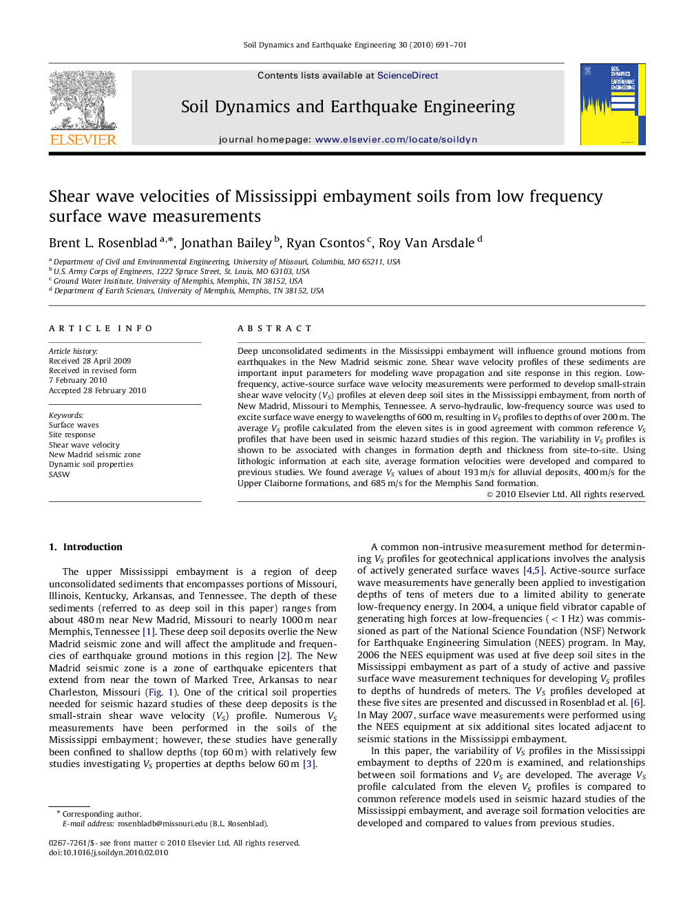 Shear wave velocities of Mississippi embayment soils from low frequency surface wave measurements