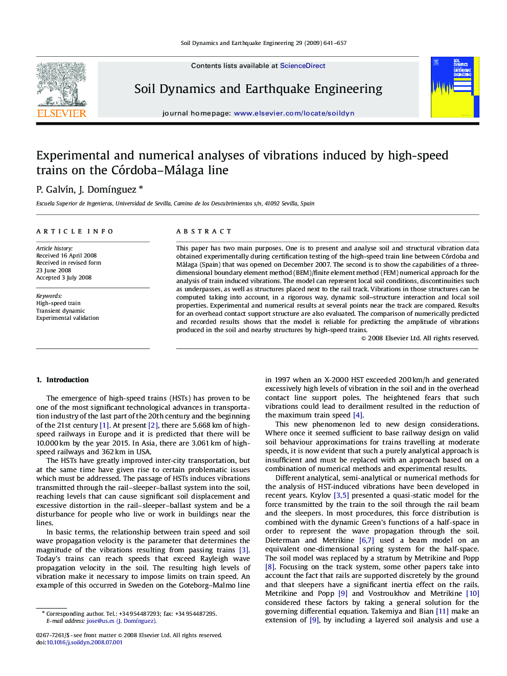 Experimental and numerical analyses of vibrations induced by high-speed trains on the Córdoba–Málaga line