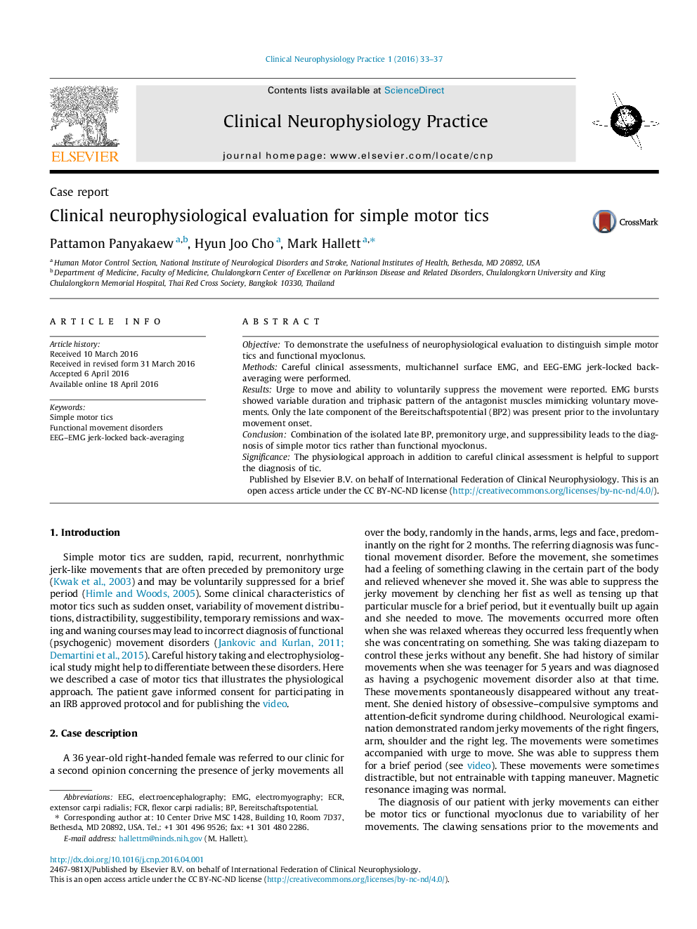 Clinical neurophysiological evaluation for simple motor tics