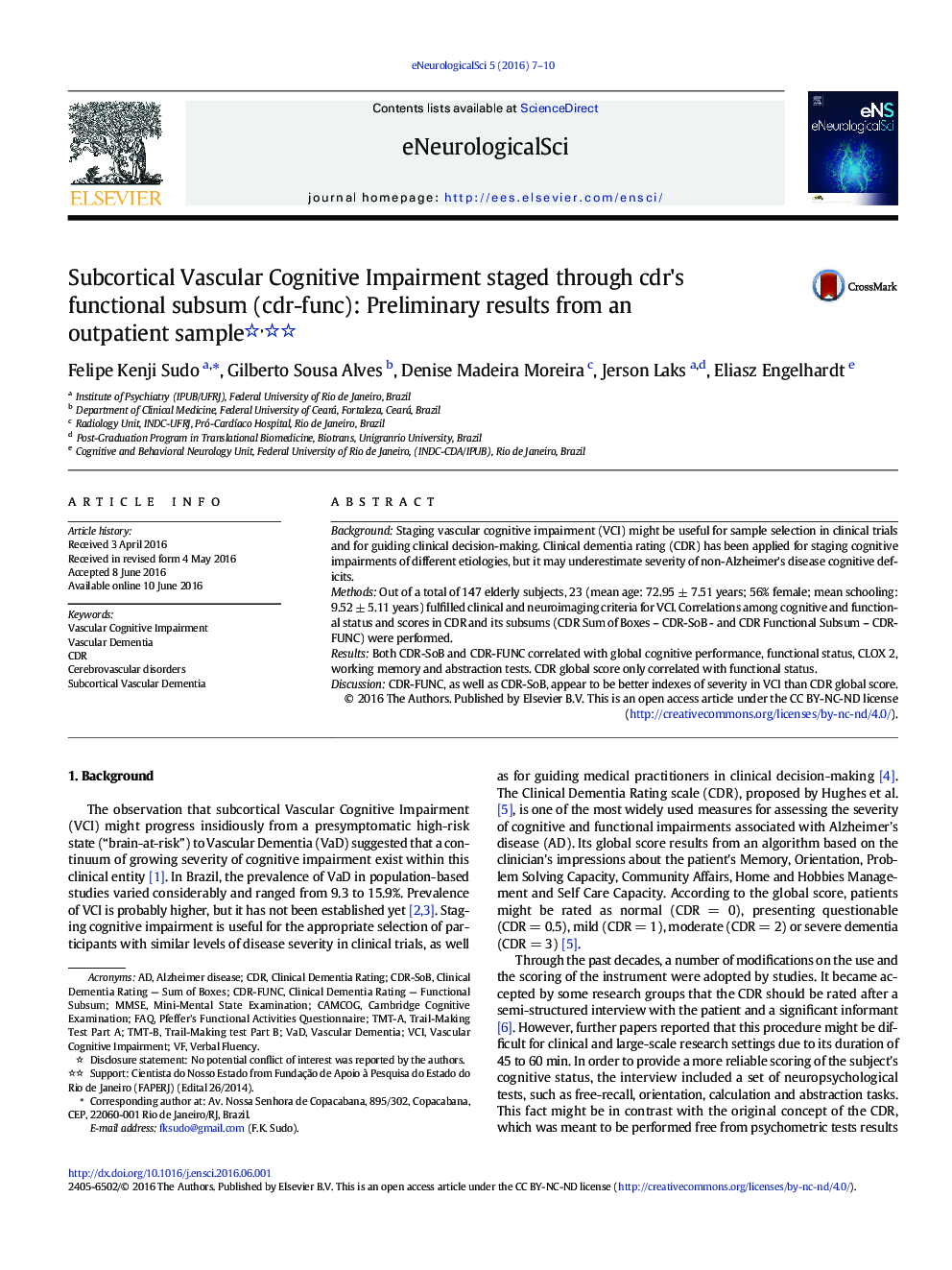 Subcortical Vascular Cognitive Impairment staged through cdr's functional subsum (cdr-func): Preliminary results from an outpatient sample 