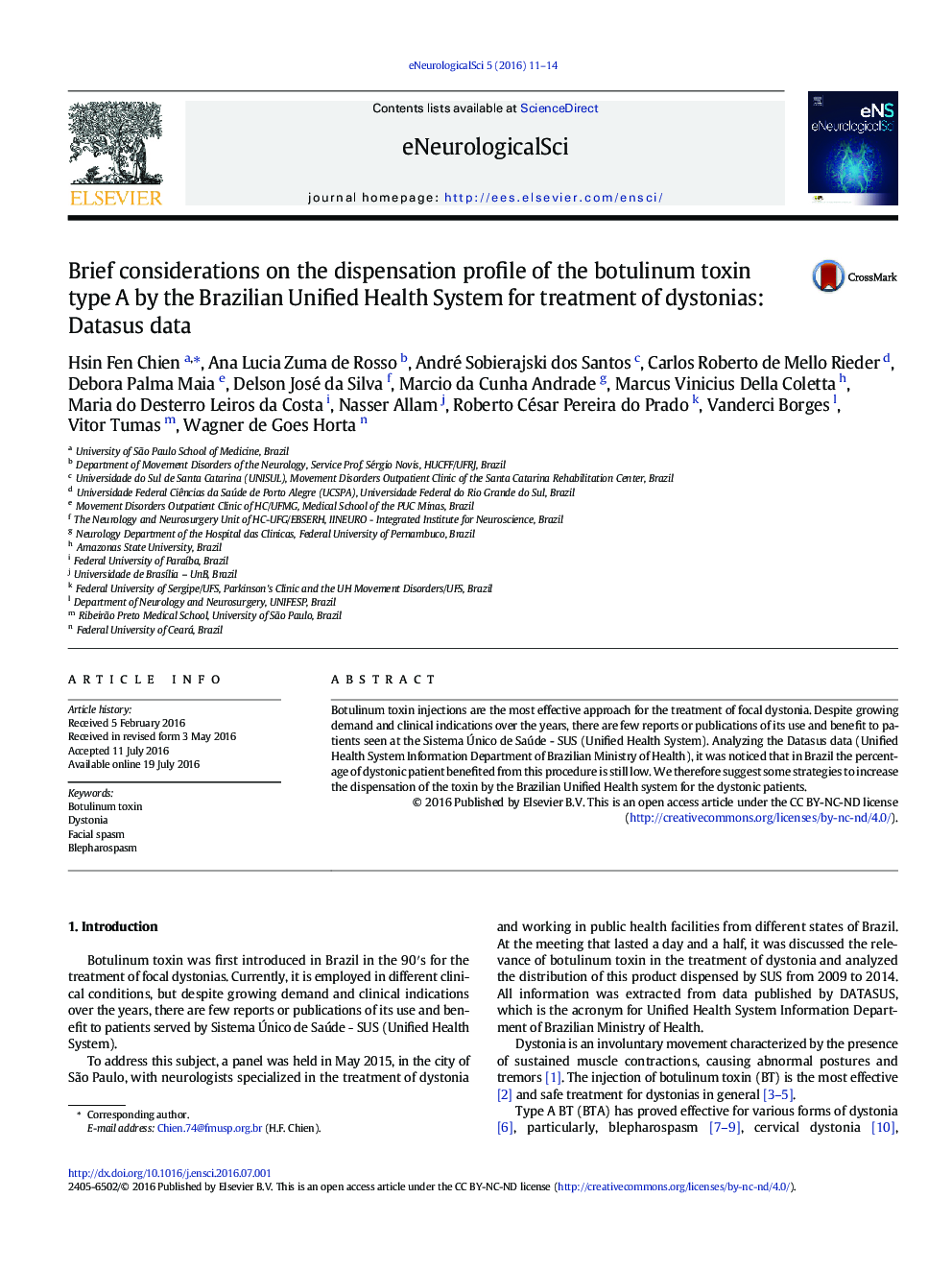 ملاحظات کوتاه در مورد مشخصات تقسیم سم بوتولینوم نوع A توسط سیستم بهداشت و درمان یکپارچه برزیل برای درمان dystonias: داده Datasus