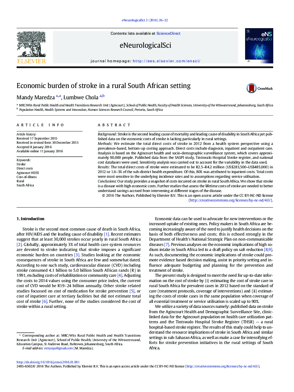 Economic burden of stroke in a rural South African setting