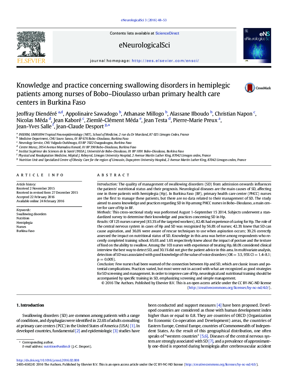 Knowledge and practice concerning swallowing disorders in hemiplegic patients among nurses of Bobo–Dioulasso urban primary health care centers in Burkina Faso