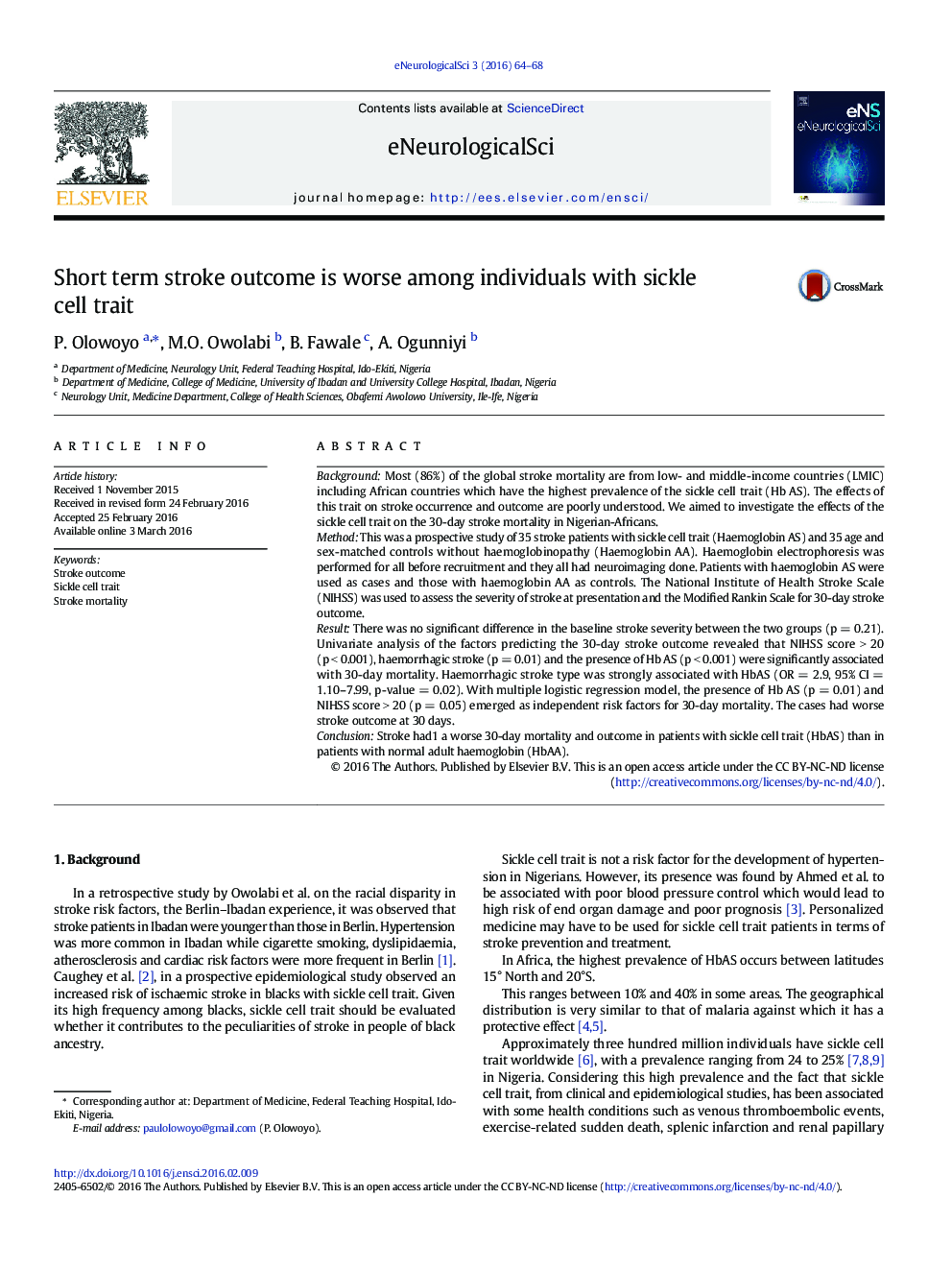 Short term stroke outcome is worse among individuals with sickle cell trait