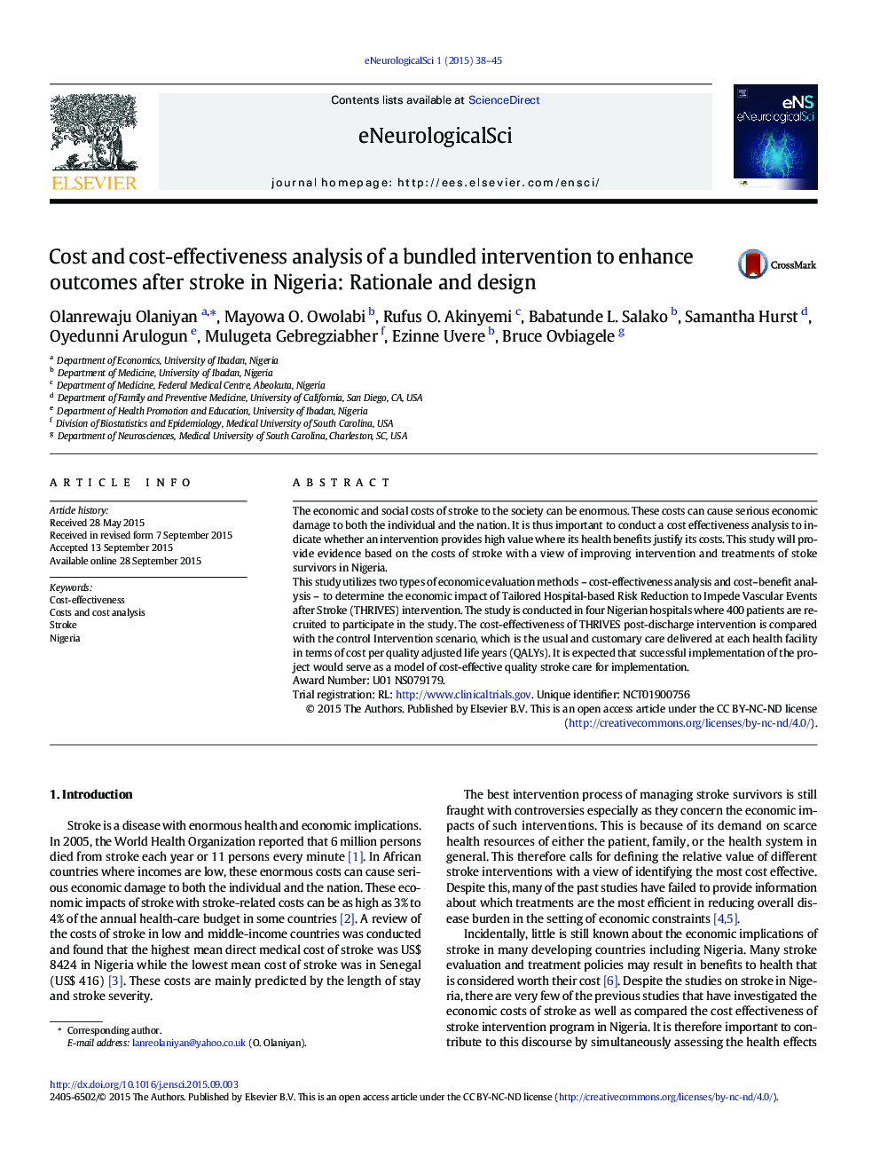 Cost and cost-effectiveness analysis of a bundled intervention to enhance outcomes after stroke in Nigeria: Rationale and design