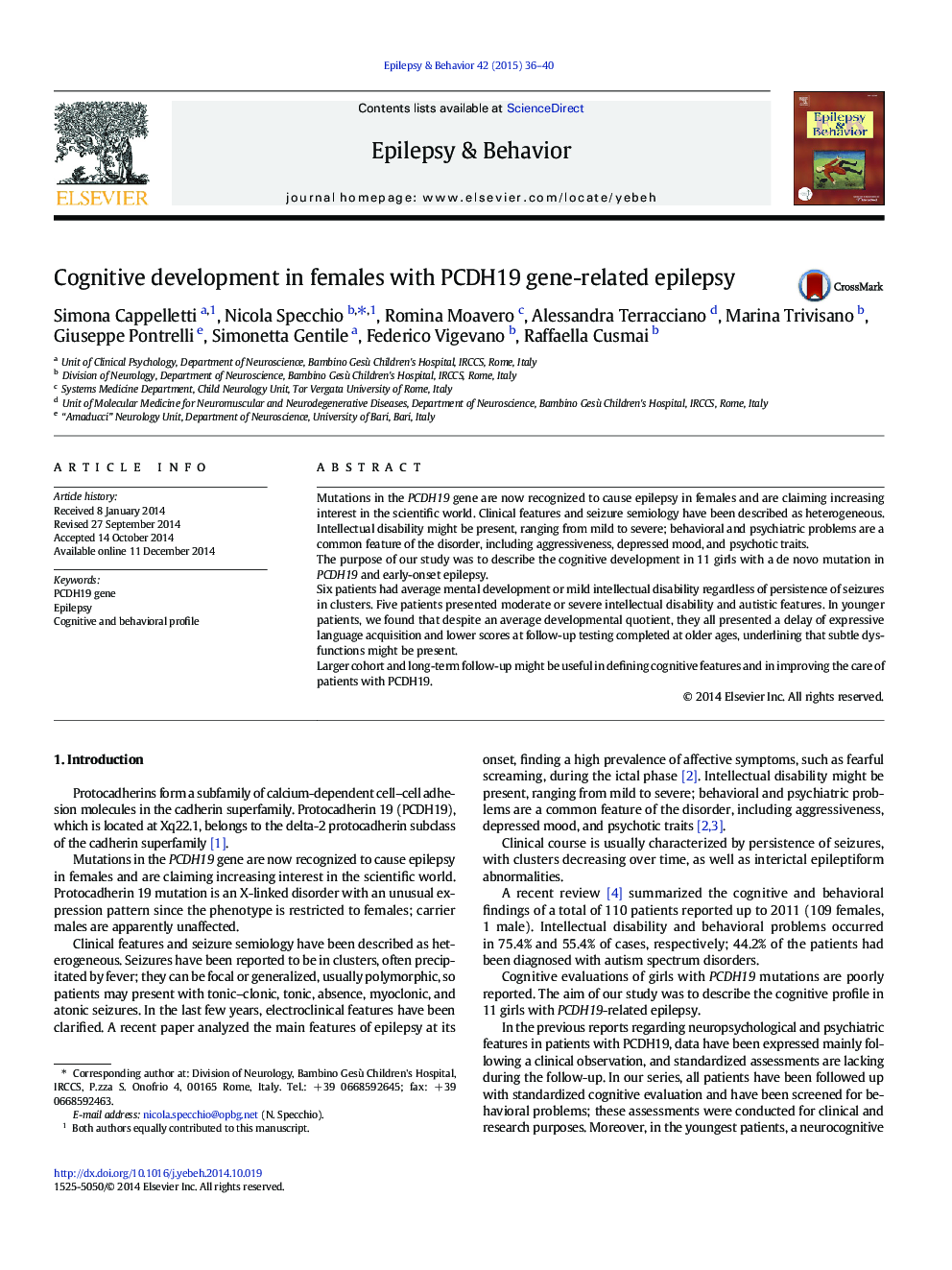 عکس صفحه اول مقاله: Cognitive development in females with PCDH19 gene-related epilepsy Cognitive development in females with PCDH19 gene-related epilepsy