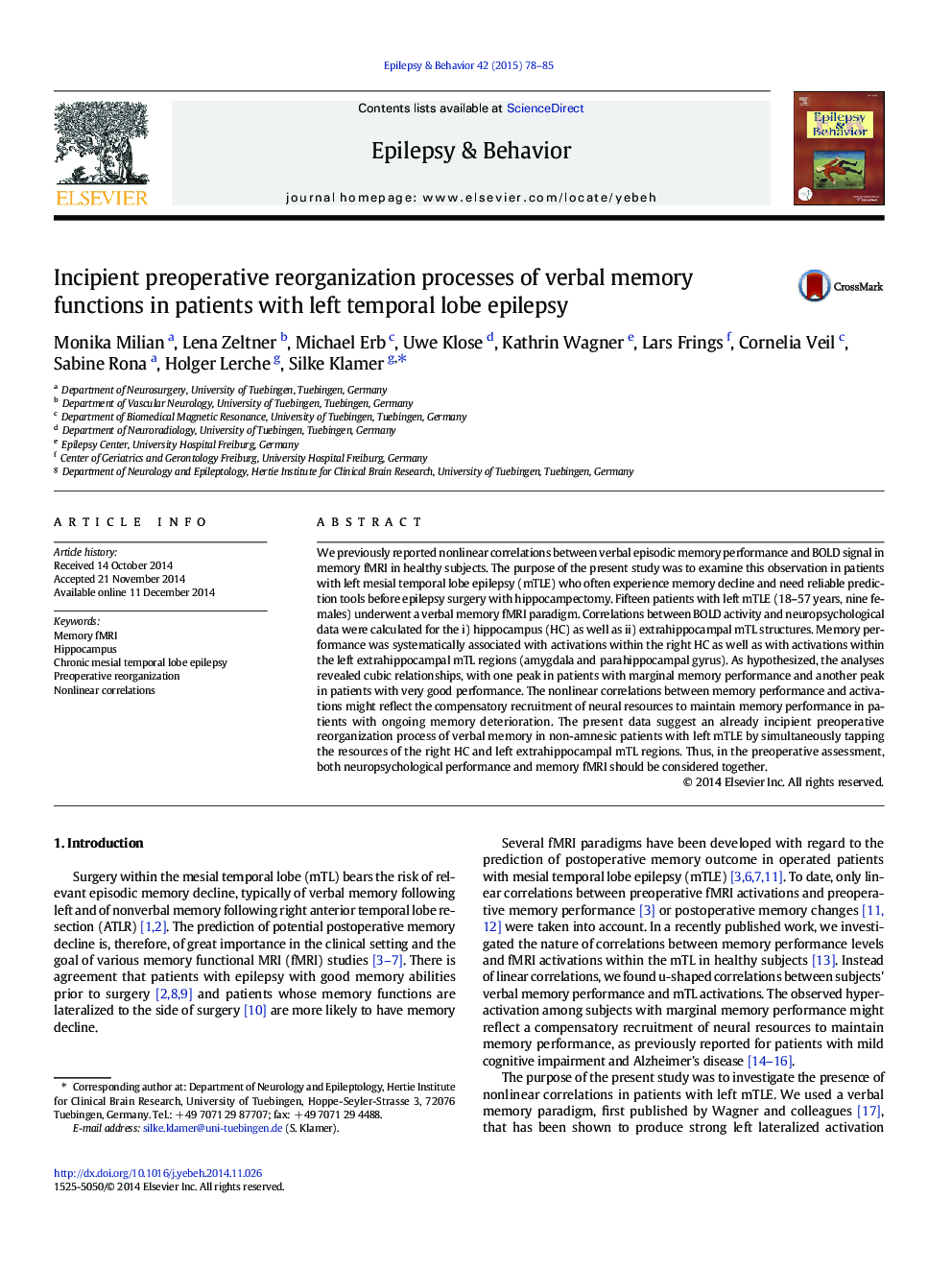 Incipient preoperative reorganization processes of verbal memory functions in patients with left temporal lobe epilepsy