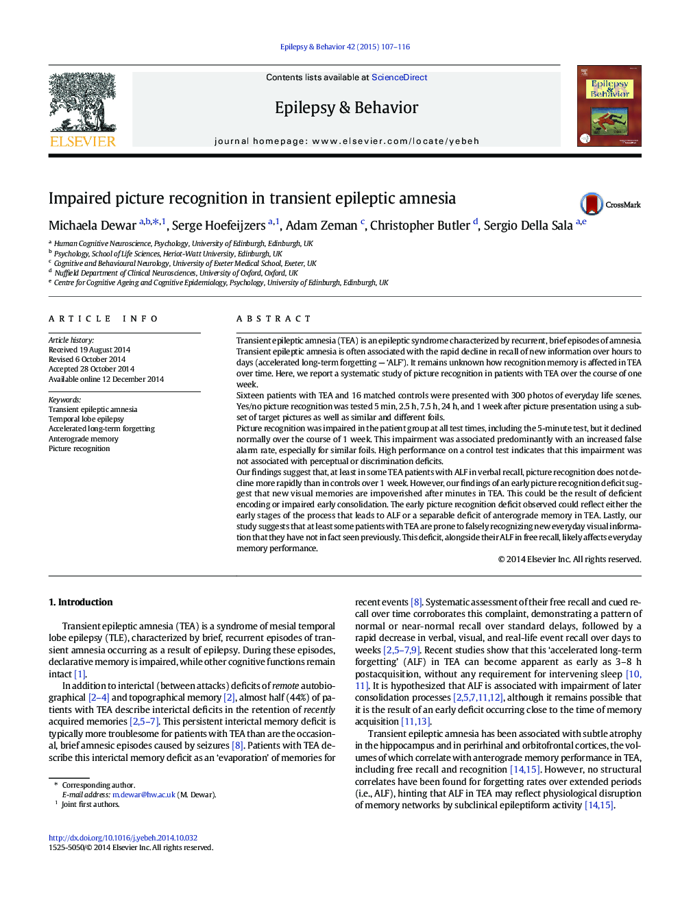 Impaired picture recognition in transient epileptic amnesia