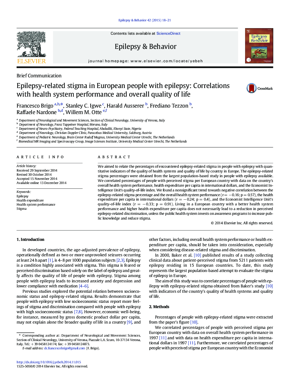 آلودگی مرتبط با صرع در افراد اروپایی با صرع: همبستگی با عملکرد سیستم بهداشتی و کیفیت کلی زندگی 