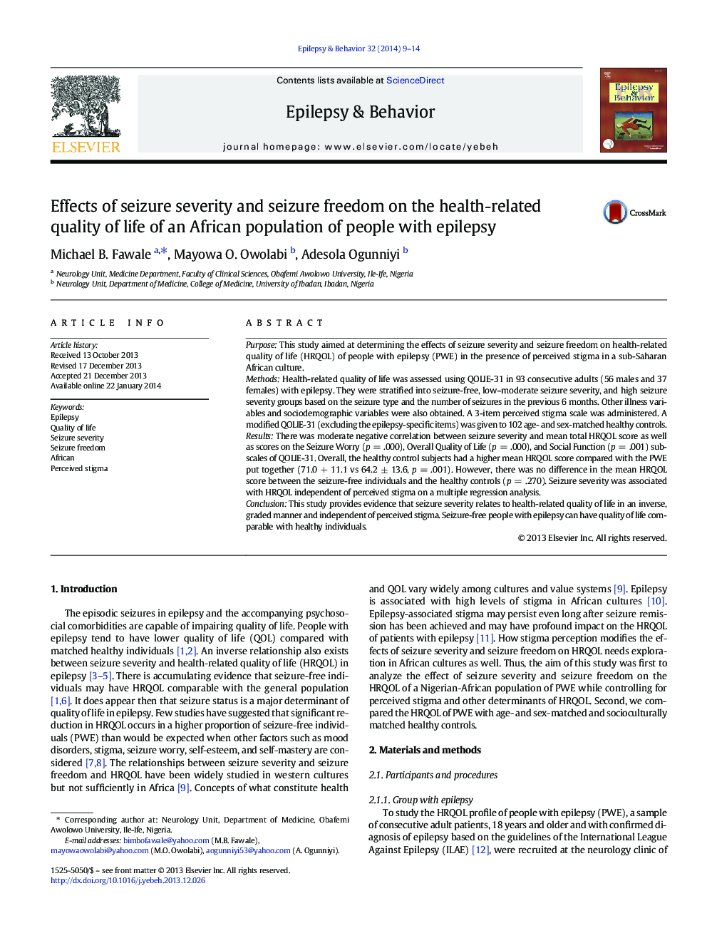 Effects of seizure severity and seizure freedom on the health-related quality of life of an African population of people with epilepsy