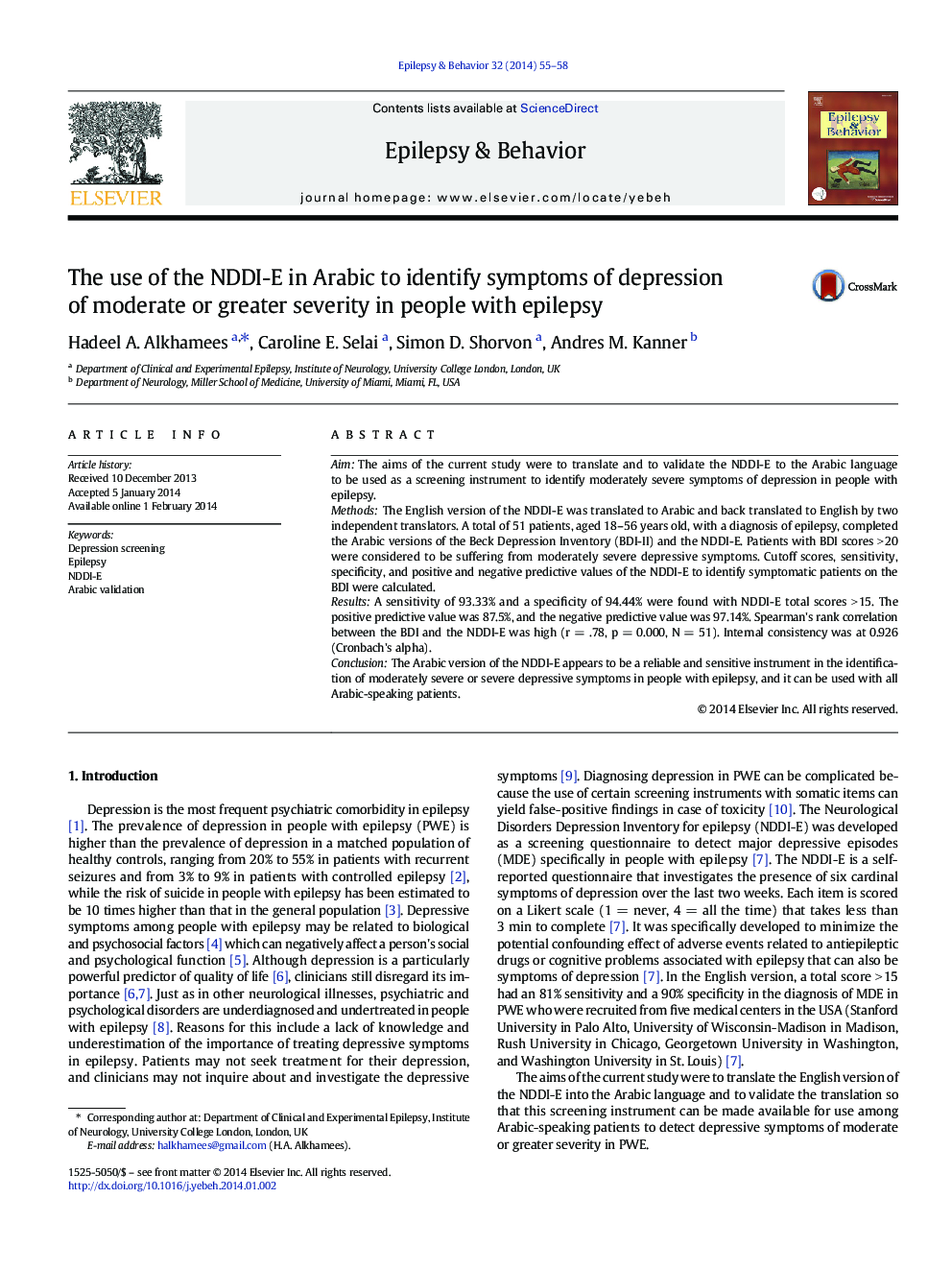 The use of the NDDI-E in Arabic to identify symptoms of depression of moderate or greater severity in people with epilepsy