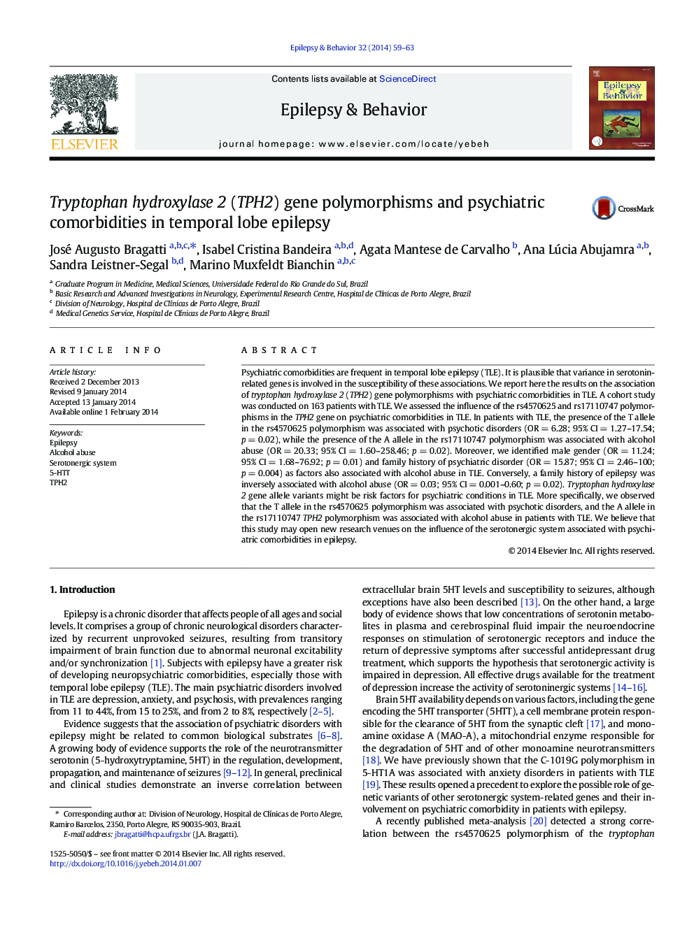 Tryptophan hydroxylase 2 (TPH2) gene polymorphisms and psychiatric comorbidities in temporal lobe epilepsy