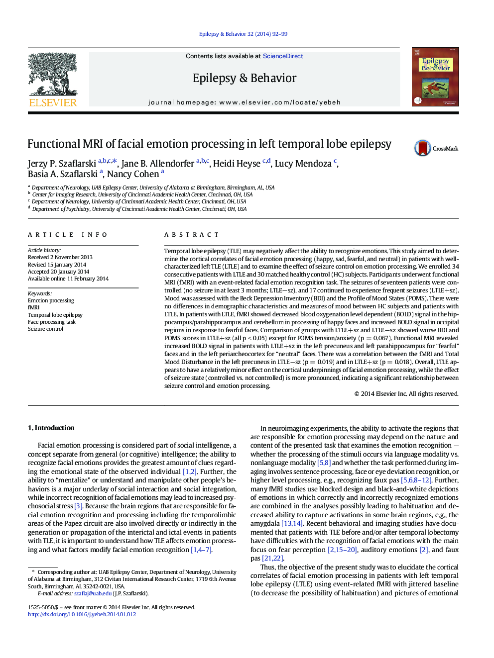 Functional MRI of facial emotion processing in left temporal lobe epilepsy