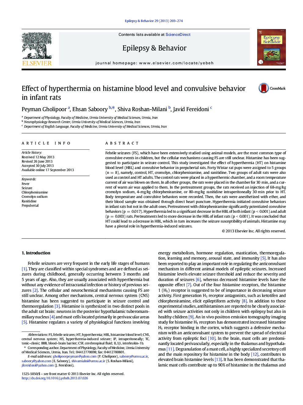 Effect of hyperthermia on histamine blood level and convulsive behavior in infant rats