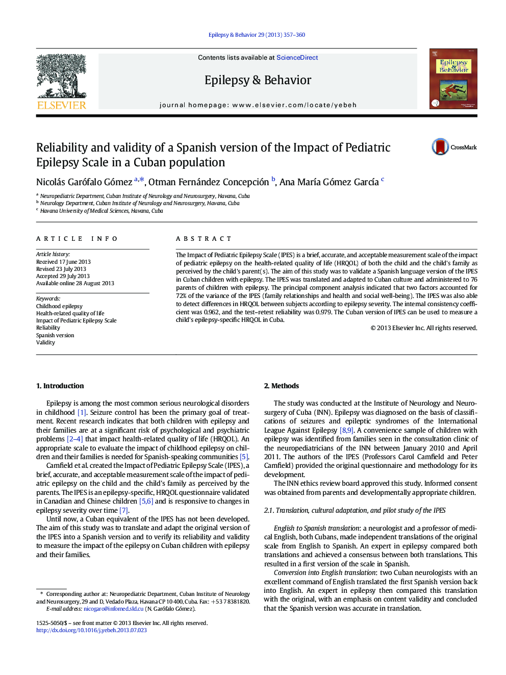 Reliability and validity of a Spanish version of the Impact of Pediatric Epilepsy Scale in a Cuban population