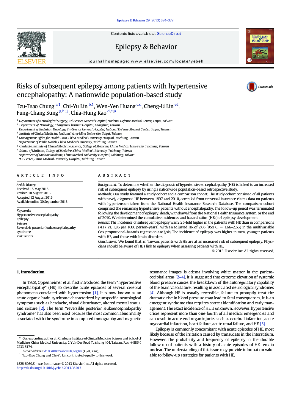 Risks of subsequent epilepsy among patients with hypertensive encephalopathy: A nationwide population-based study