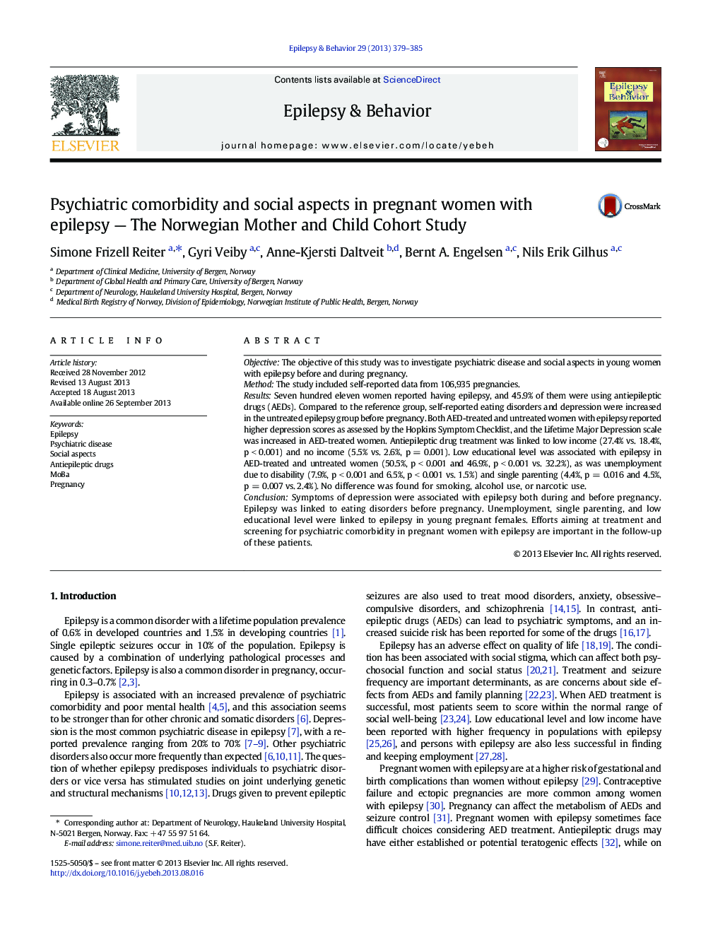 Psychiatric comorbidity and social aspects in pregnant women with epilepsy — The Norwegian Mother and Child Cohort Study