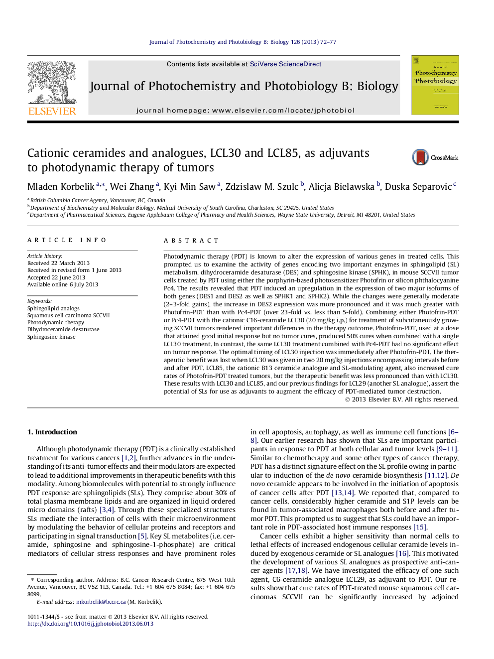 Cationic ceramides and analogues, LCL30 and LCL85, as adjuvants to photodynamic therapy of tumors