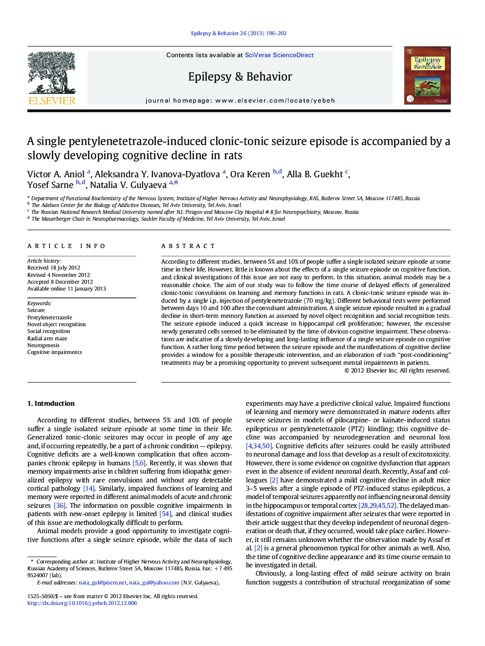 A single pentylenetetrazole-induced clonic-tonic seizure episode is accompanied by a slowly developing cognitive decline in rats