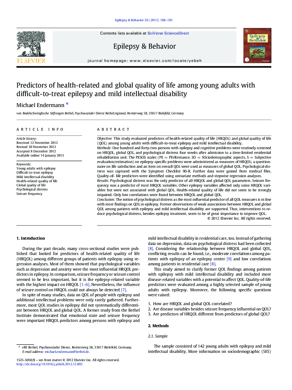 Predictors of health-related and global quality of life among young adults with difficult-to-treat epilepsy and mild intellectual disability