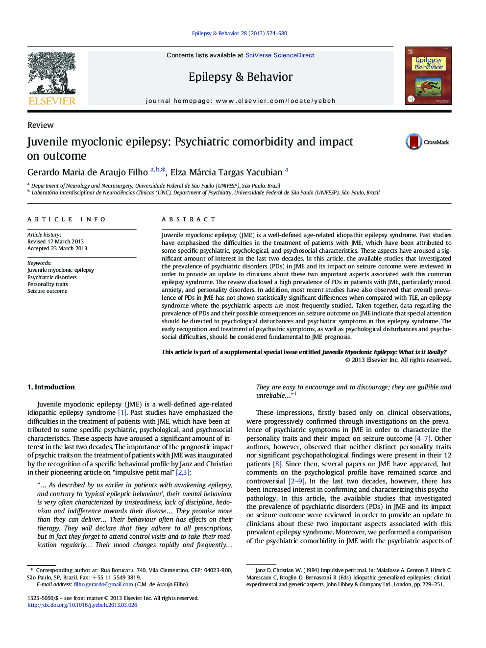 Juvenile myoclonic epilepsy: Psychiatric comorbidity and impact on outcome