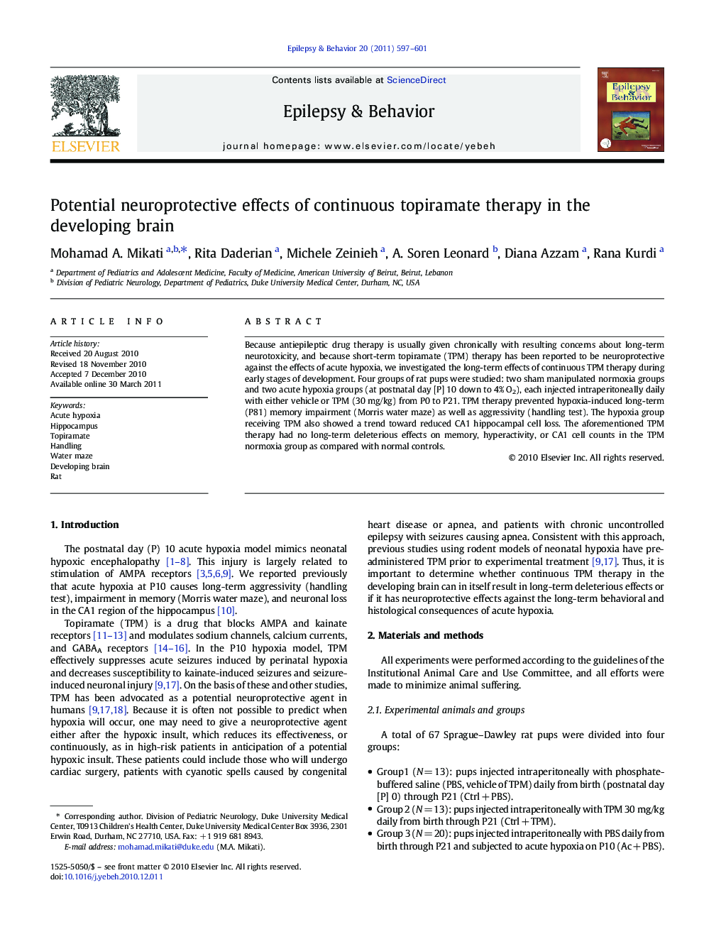 Potential neuroprotective effects of continuous topiramate therapy in the developing brain