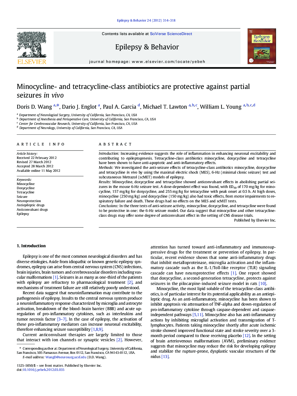 Minocycline- and tetracycline-class antibiotics are protective against partial seizures in vivo