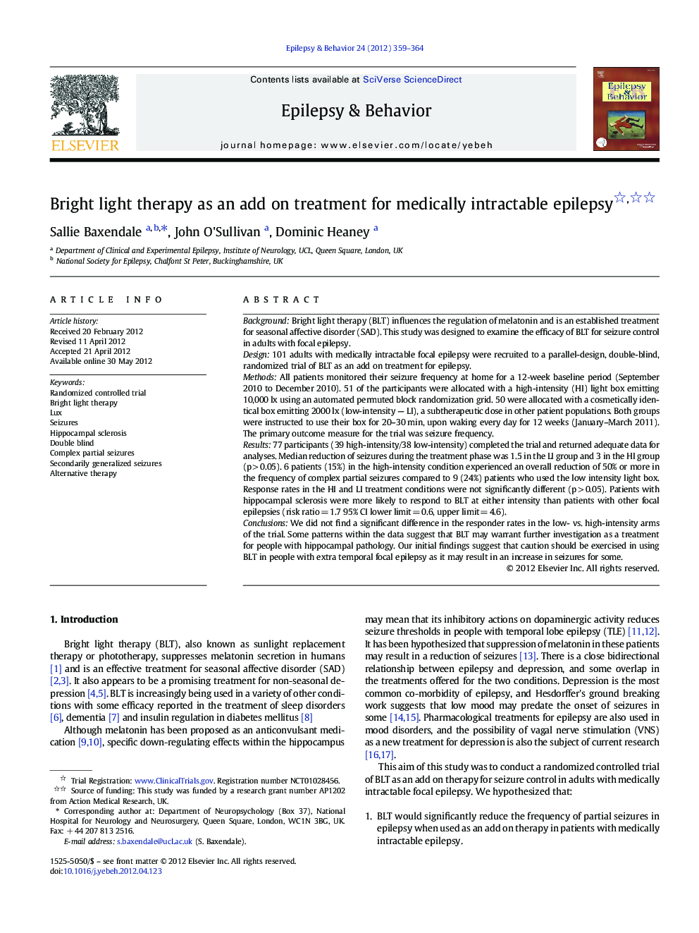 Bright light therapy as an add on treatment for medically intractable epilepsy 