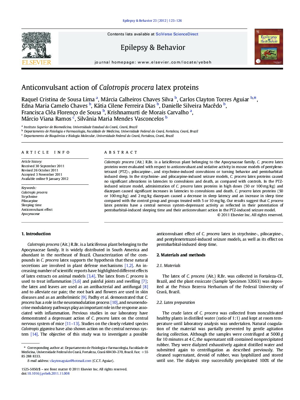 Anticonvulsant action of Calotropis procera latex proteins