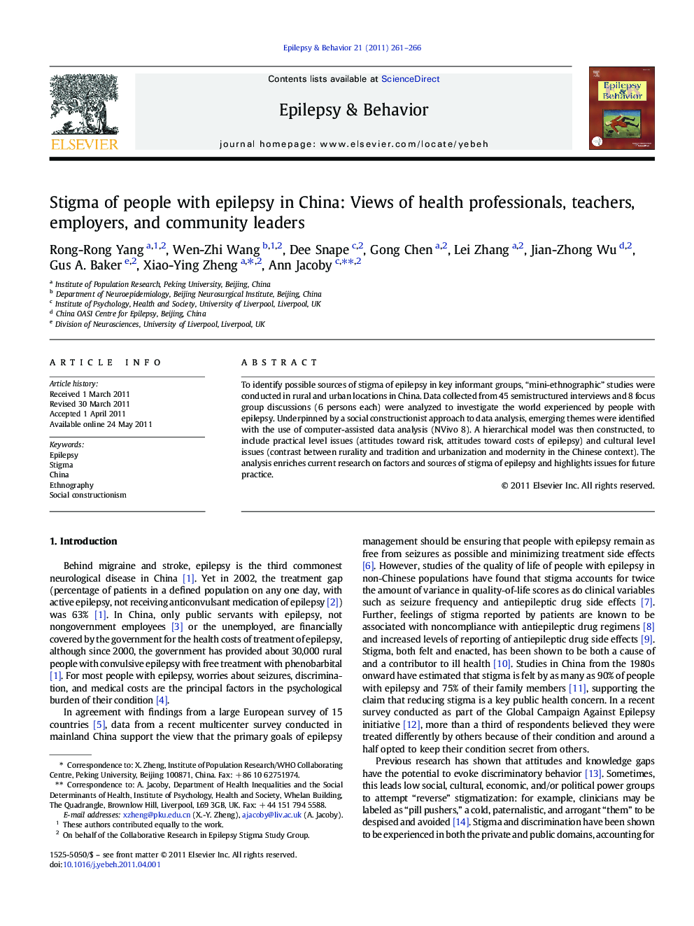 عکس صفحه اول مقاله: Stigma of people with epilepsy in China: Views of health professionals, teachers, employers, and community leaders Stigma of people with epilepsy in China: Views of health professionals, teachers, employers, and community leaders