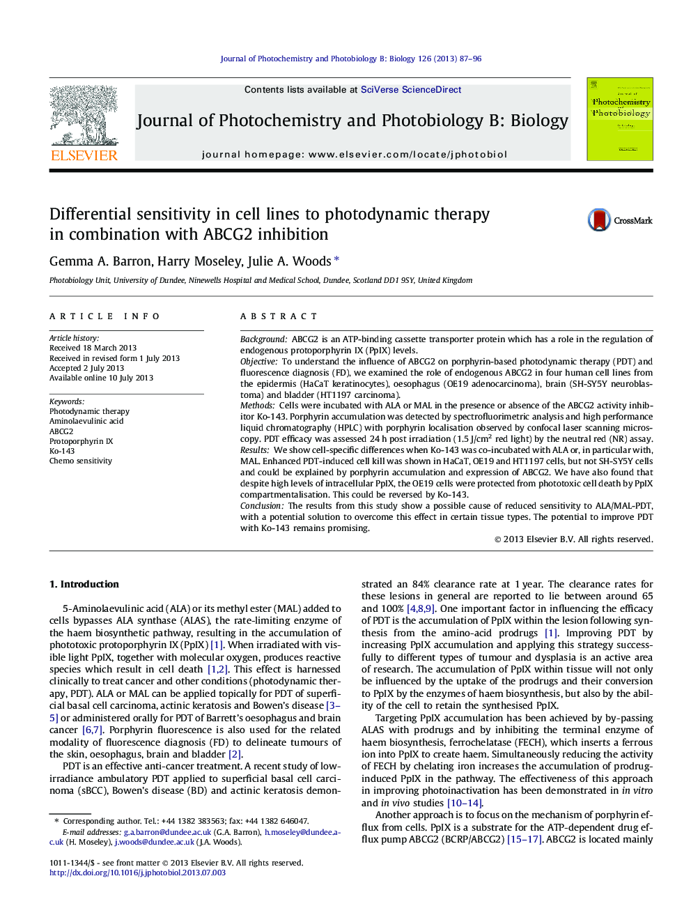 Differential sensitivity in cell lines to photodynamic therapy in combination with ABCG2 inhibition