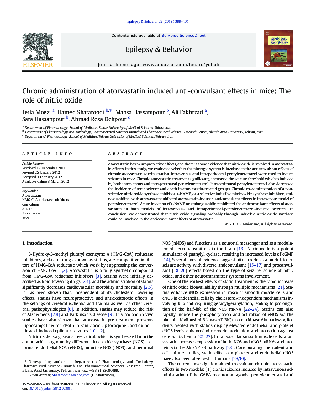 Chronic administration of atorvastatin induced anti-convulsant effects in mice: The role of nitric oxide