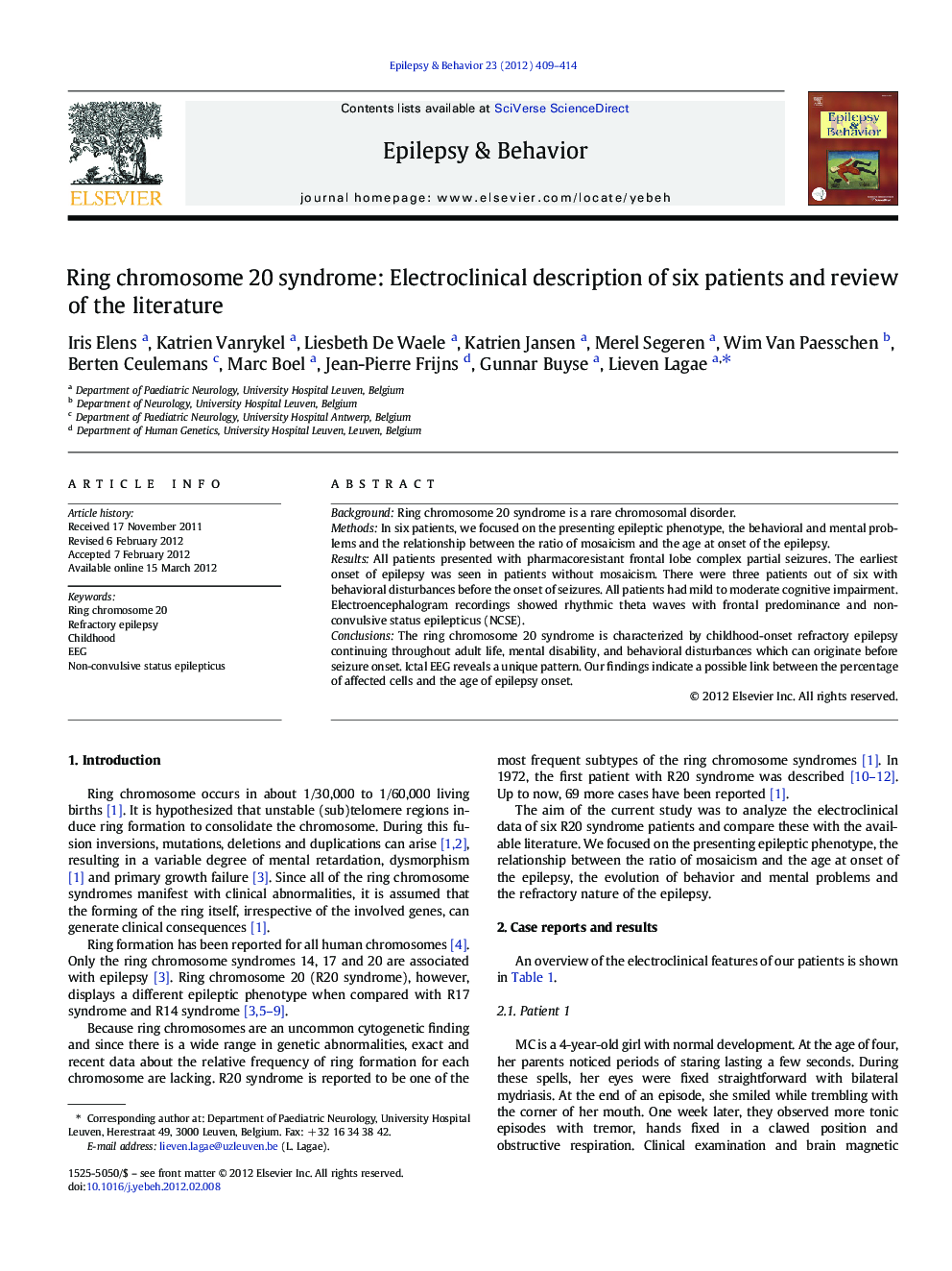 Ring chromosome 20 syndrome: Electroclinical description of six patients and review of the literature