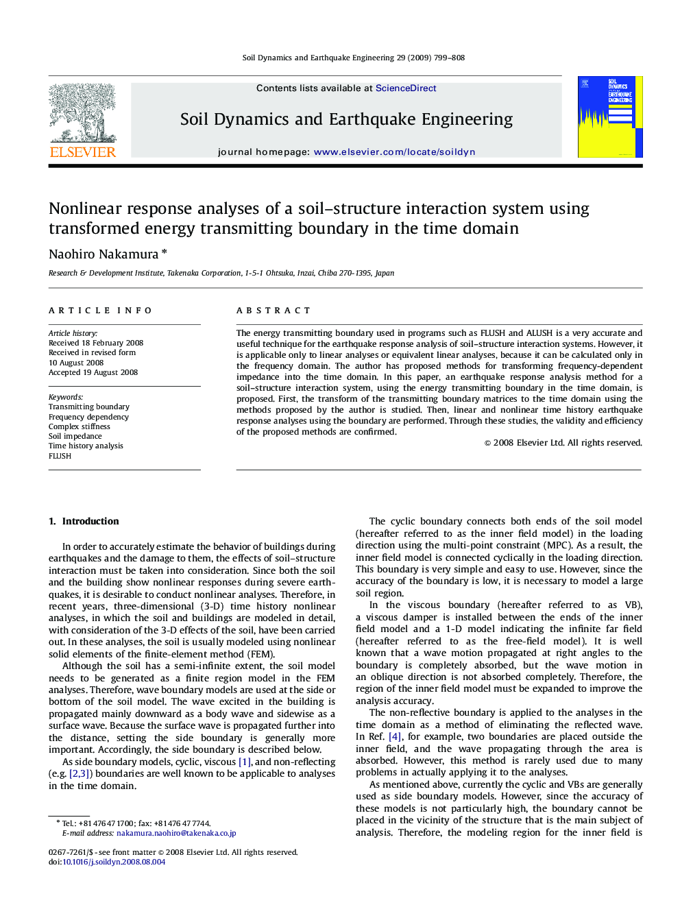 Nonlinear response analyses of a soil–structure interaction system using transformed energy transmitting boundary in the time domain