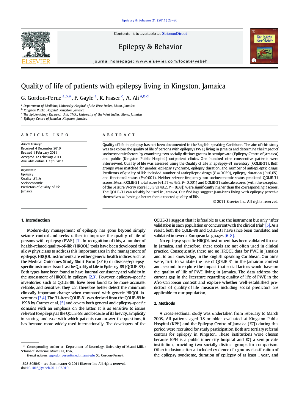 Quality of life of patients with epilepsy living in Kingston, Jamaica