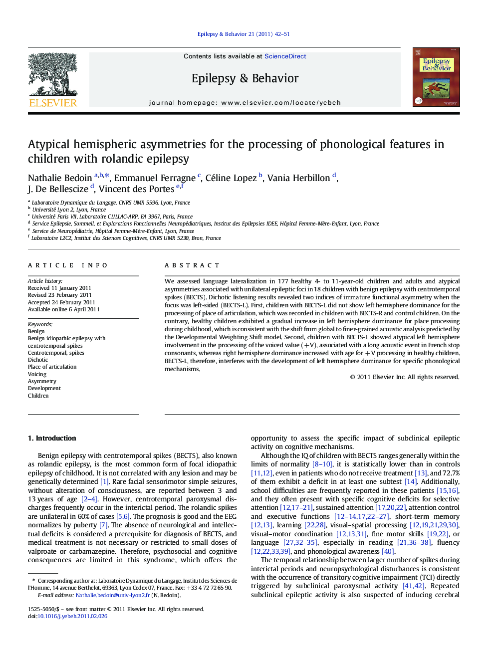 Atypical hemispheric asymmetries for the processing of phonological features in children with rolandic epilepsy