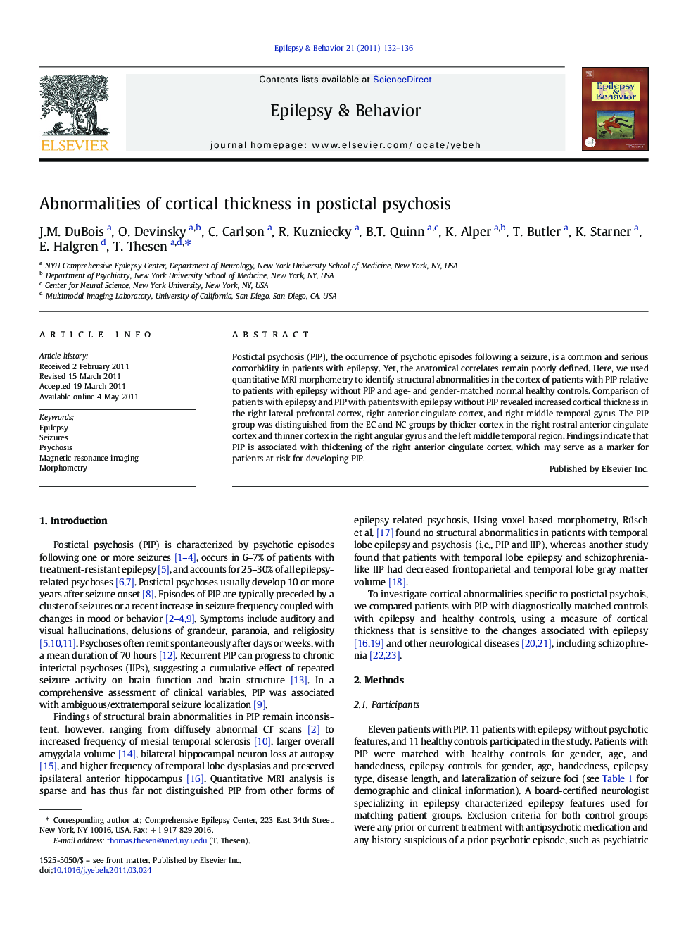 Abnormalities of cortical thickness in postictal psychosis