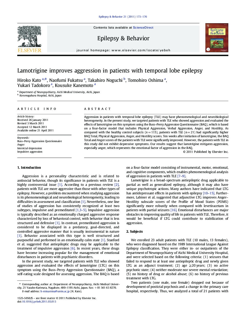 Lamotrigine improves aggression in patients with temporal lobe epilepsy