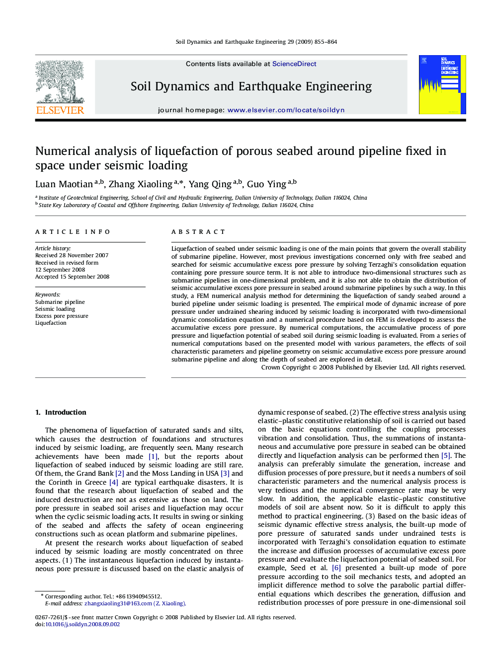 Numerical analysis of liquefaction of porous seabed around pipeline fixed in space under seismic loading