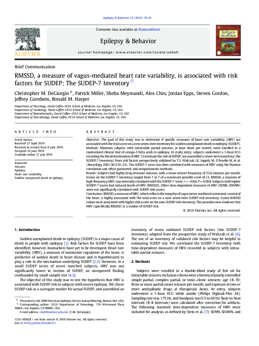 RMSSD, a measure of vagus-mediated heart rate variability, is associated with risk factors for SUDEP: The SUDEP-7 Inventory 