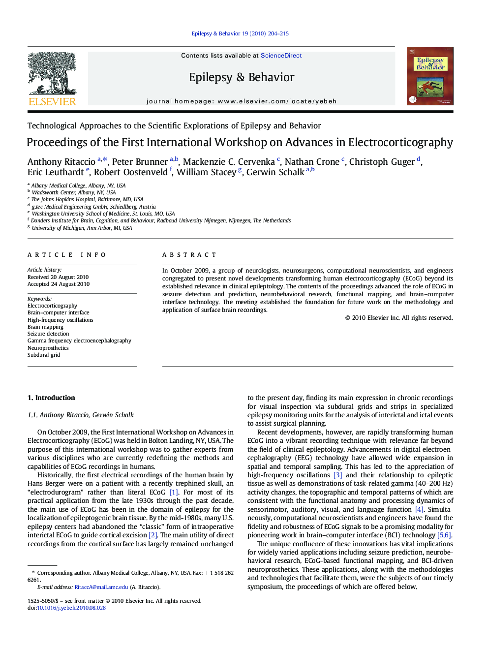 Proceedings of the First International Workshop on Advances in Electrocorticography