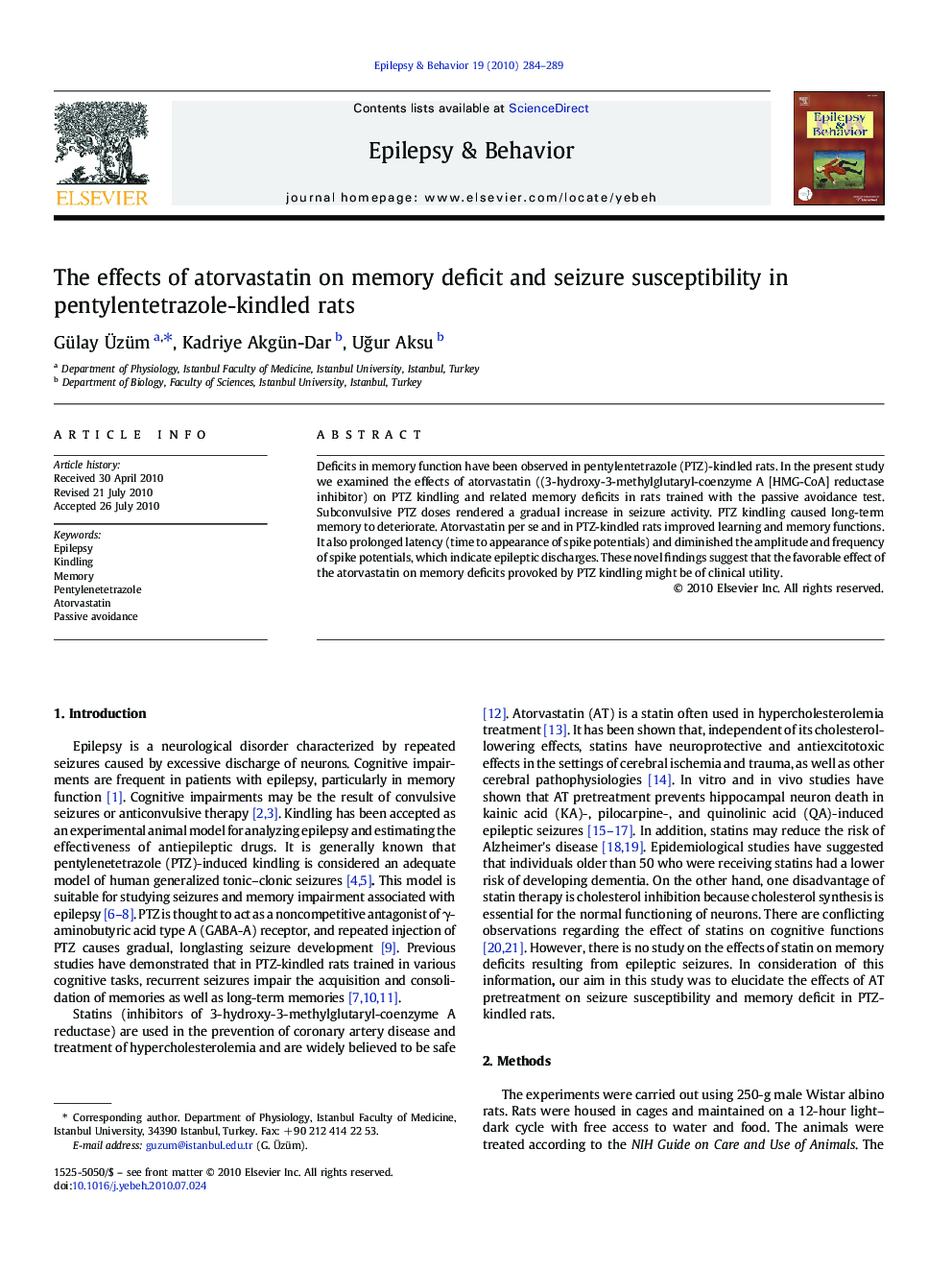 The effects of atorvastatin on memory deficit and seizure susceptibility in pentylentetrazole-kindled rats