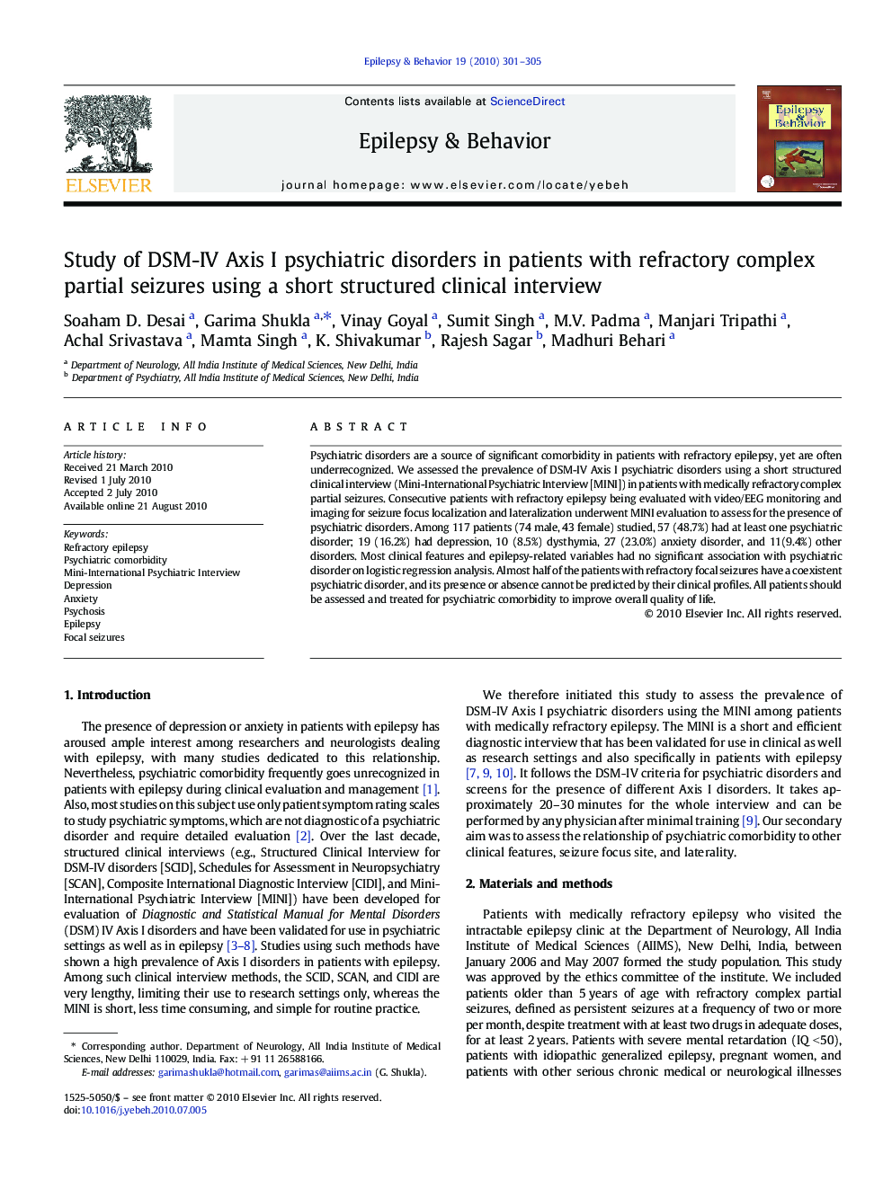 Study of DSM-IV Axis I psychiatric disorders in patients with refractory complex partial seizures using a short structured clinical interview