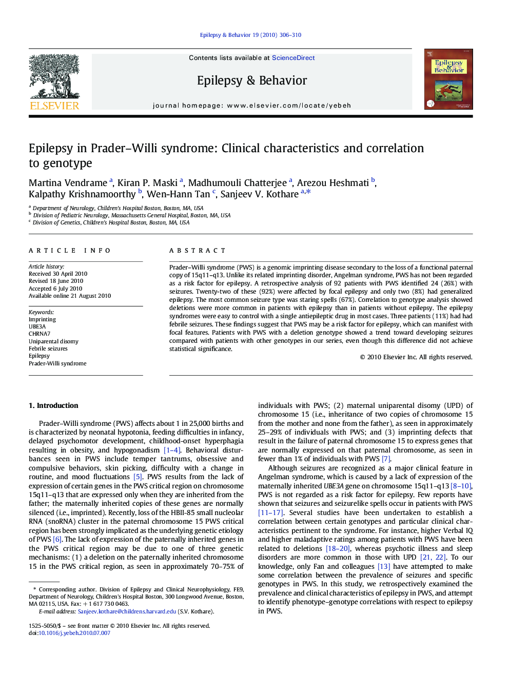 Epilepsy in Prader–Willi syndrome: Clinical characteristics and correlation to genotype