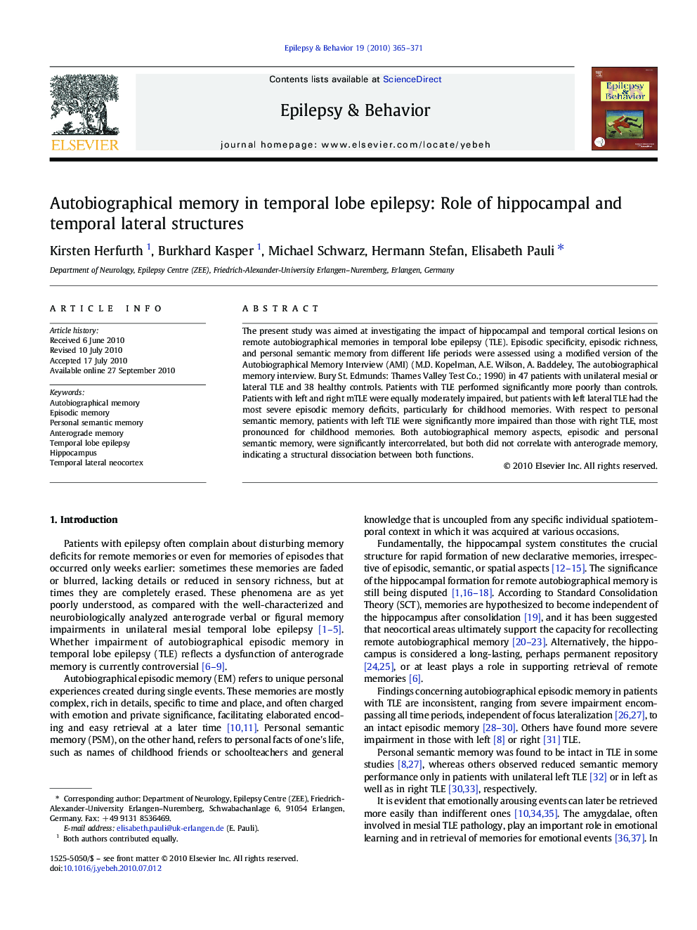 Autobiographical memory in temporal lobe epilepsy: Role of hippocampal and temporal lateral structures