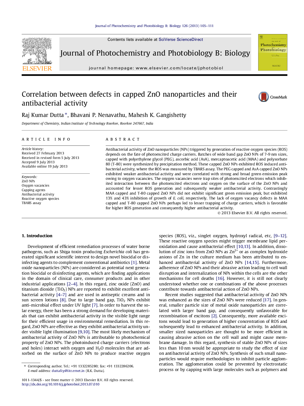 عکس صفحه اول مقاله: Correlation between defects in capped ZnO nanoparticles and their antibacterial activity Correlation between defects in capped ZnO nanoparticles and their antibacterial activity
