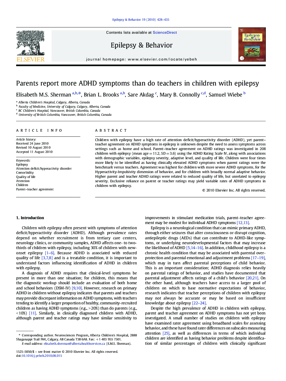 عکس صفحه اول مقاله: Parents report more ADHD symptoms than do teachers in children with epilepsy Parents report more ADHD symptoms than do teachers in children with epilepsy